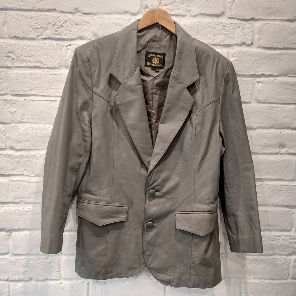 Western Apparel Authentic Leather Blazer Jacket Mens 44 Gray Yoke Two Button